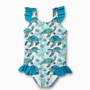 Kids Swimwear with Turtle Print and Blue Accents